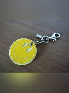 Coach vintage Yellow Smiley Face Leather Keychain bag charm FOB